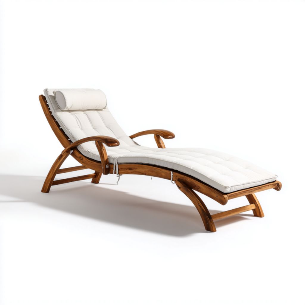 Tumbona de exterior de madera curva color marrón claro con cojín y reposacabezas blancos