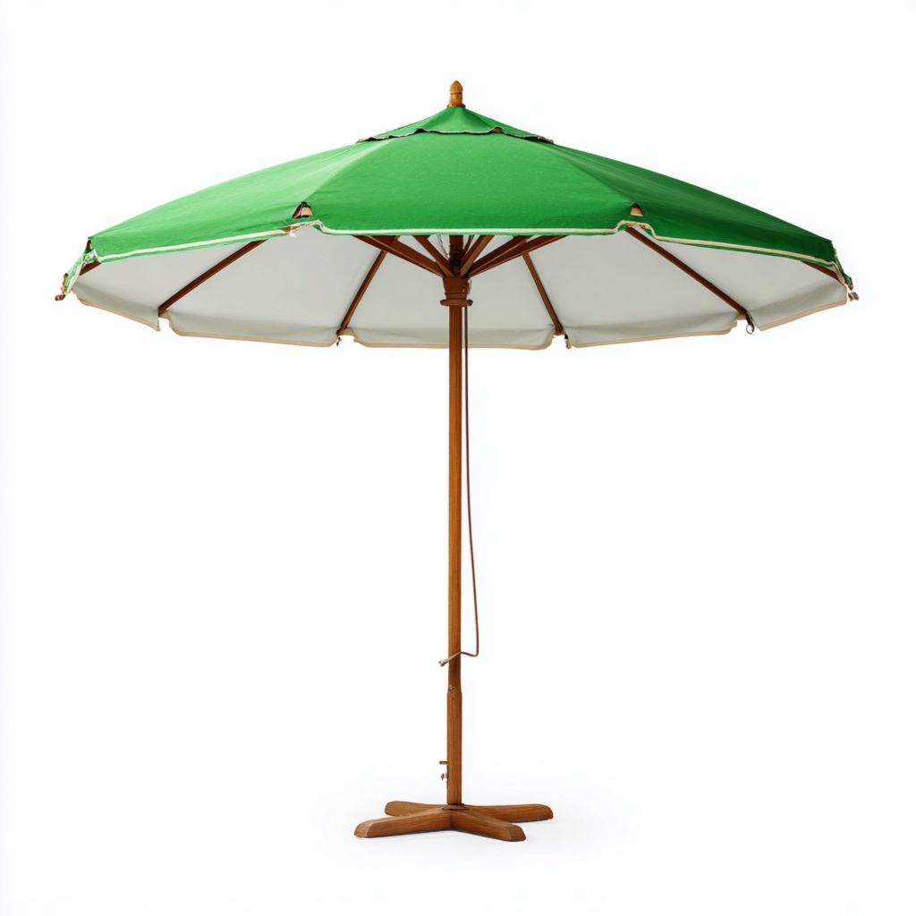 Sombrilla Circular para Patio Verde y Blanca, Estructura de Madera, Base de Madera, 2 Años de Garantía