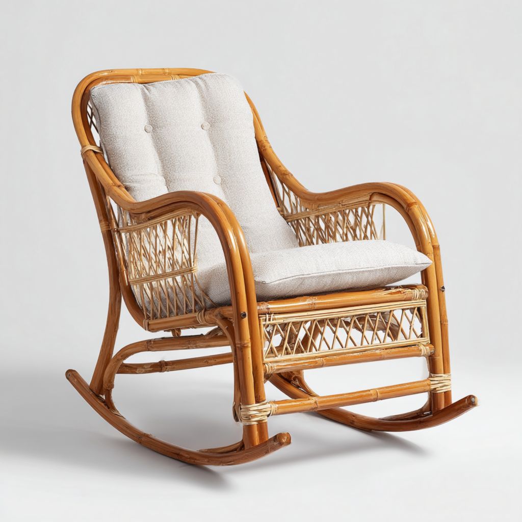 Silla mecedora de ratán con cojines beige, diseño moderno, ideal para interiores y exteriores