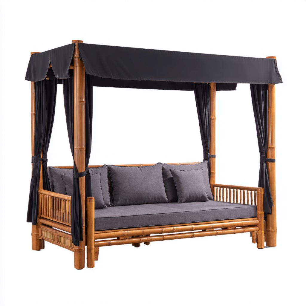 Banco de jardín de bambú con dosel - Con cojines grises
