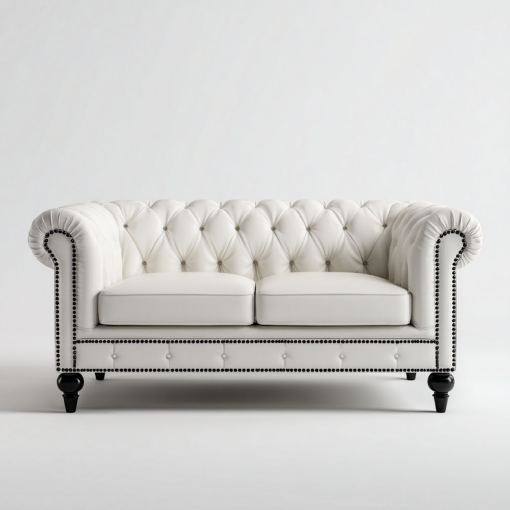 Sofá de 2 plazas blanco de polipiel con capitoné y patas de madera