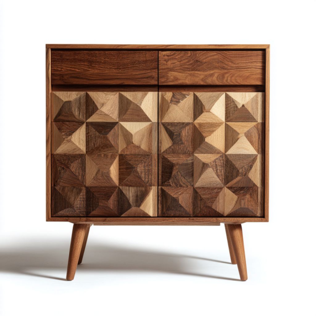 Aparador de madera maciza color nogal con diseño geométrico, dos cajones y dos puertas