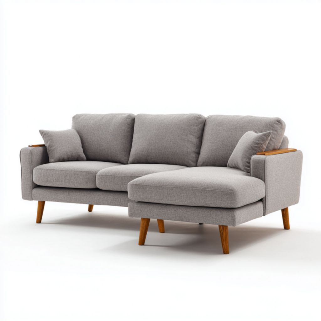 Sofá de esquina en tela gris claro con 5 cojines a juego