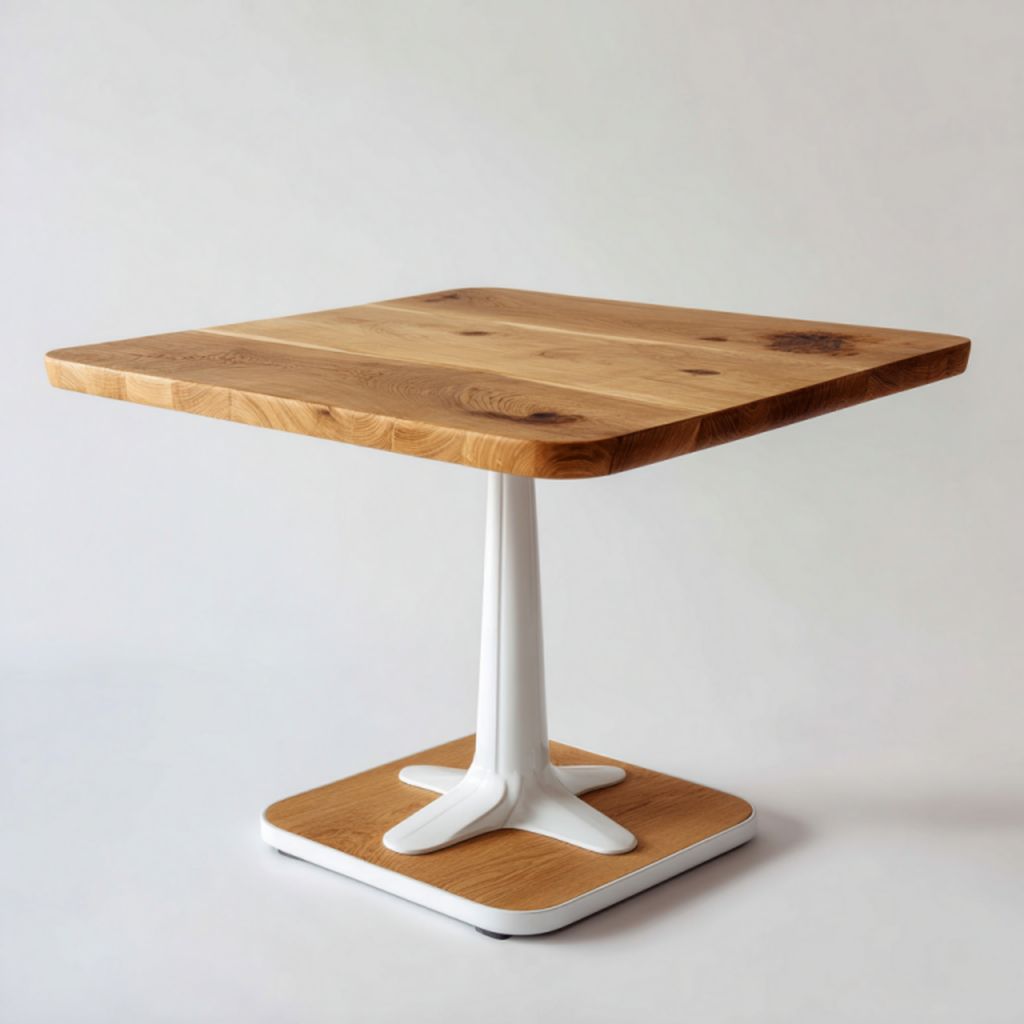 Mesa cuadrada con tablero de madera y base blanca
