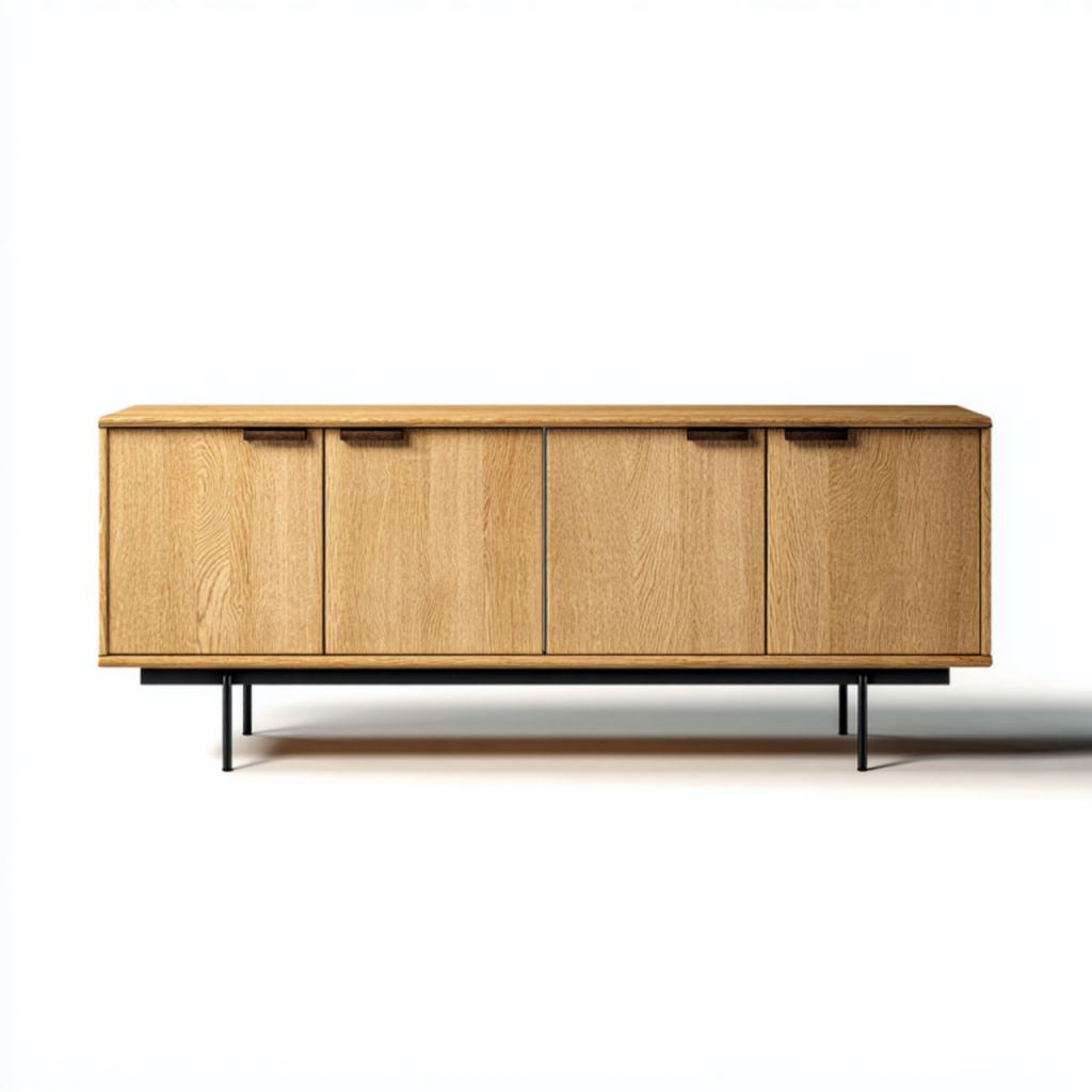 Mueble de TV color roble con 4 puertas y estructura metálica