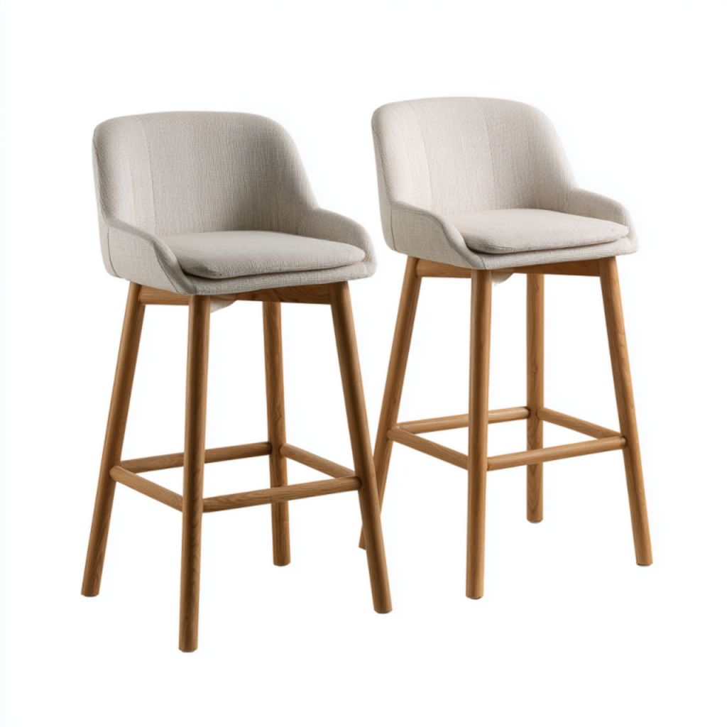 Juego de 2 taburetes nórdicos altos en beige claro con asiento acolchado y patas de madera