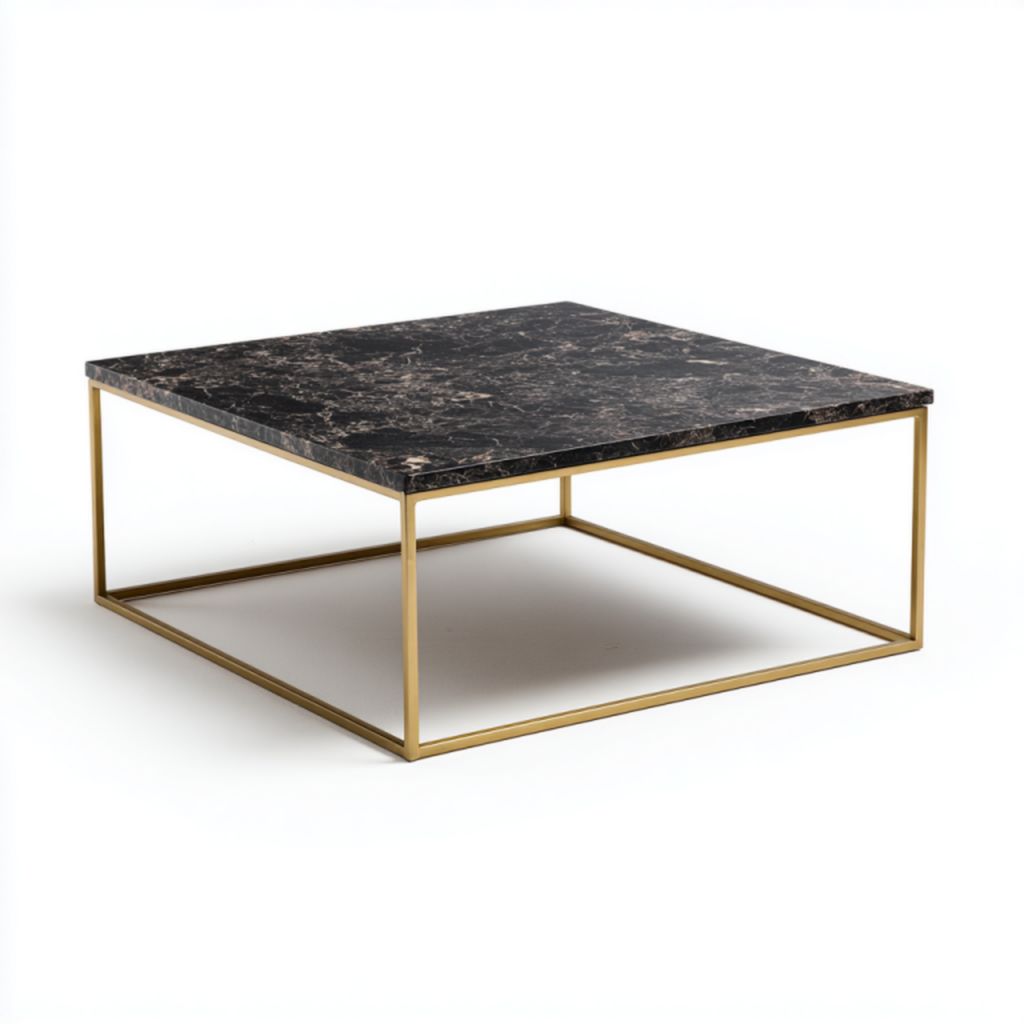 Mesa de centro cuadrada con tablero de mármol negro y estructura metálica dorada