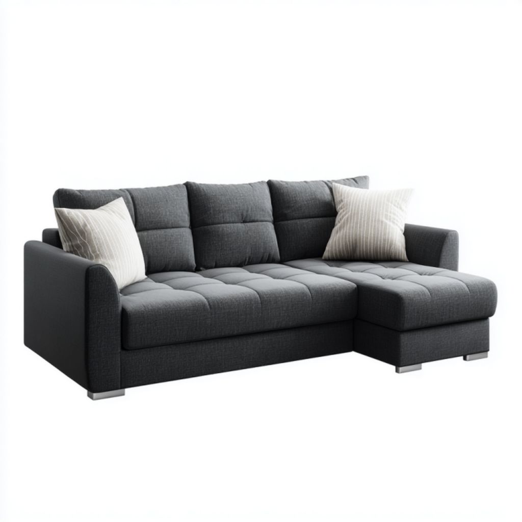 Sofá de esquina en tela gris oscuro (tres plazas con chaise longue y 2 cojines claros)