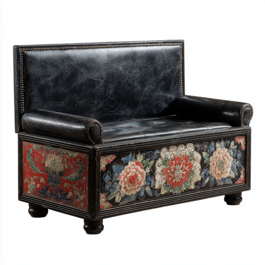 Banco de almacenamiento en polipiel negra con diseño floral pintado