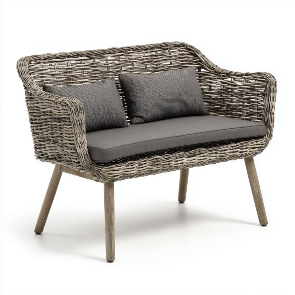 Banco de jardín de ratán sintético gris para dos personas con cojines