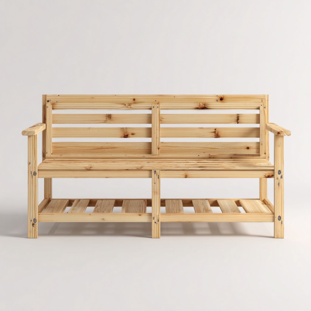 Banco de madera natural para dos personas con estante inferior abierto