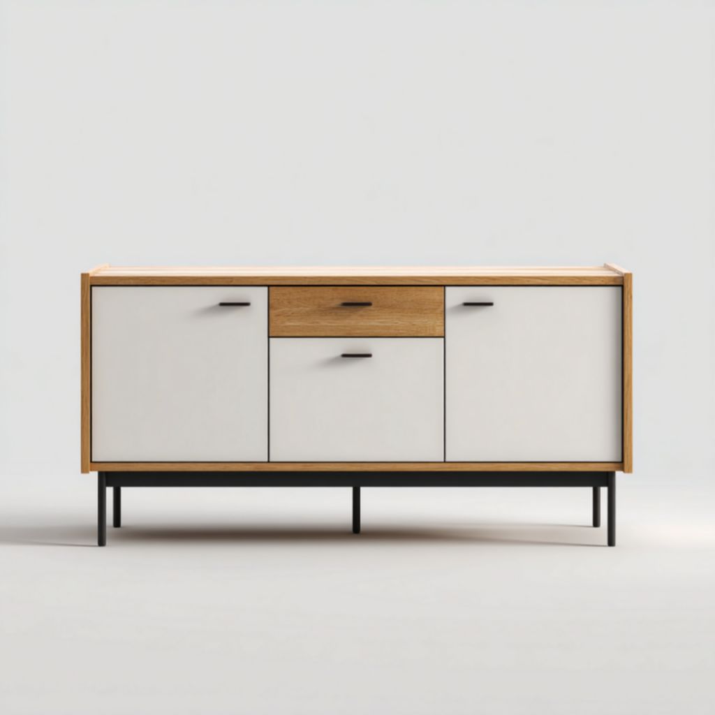 Aparador moderno color madera y blanco con tres puertas y un cajón, patas metálicas