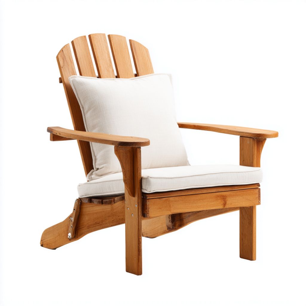 Silla de patio de madera con cojín blanco, diseño sencillo