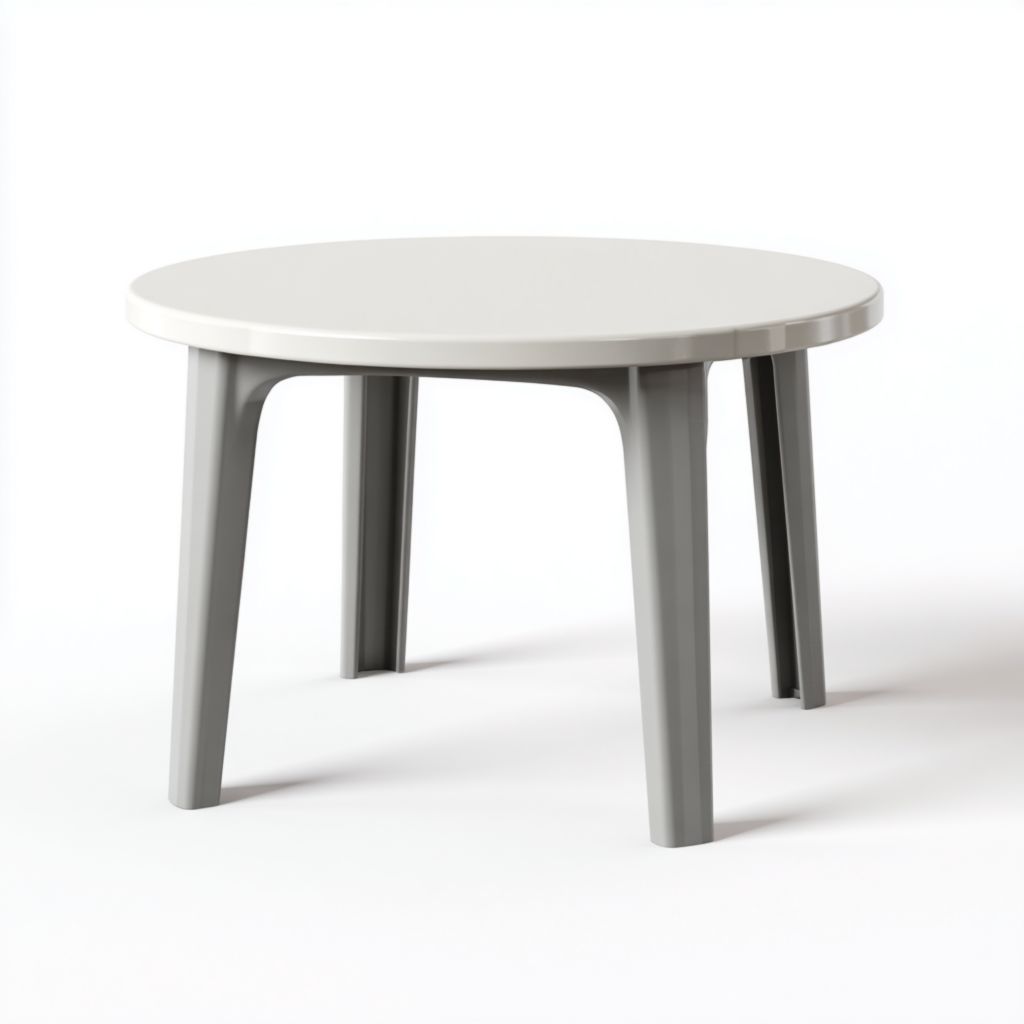 Mesa redonda exterior de diseño moderno, color gris y blanco, ideal para espacios al aire libre