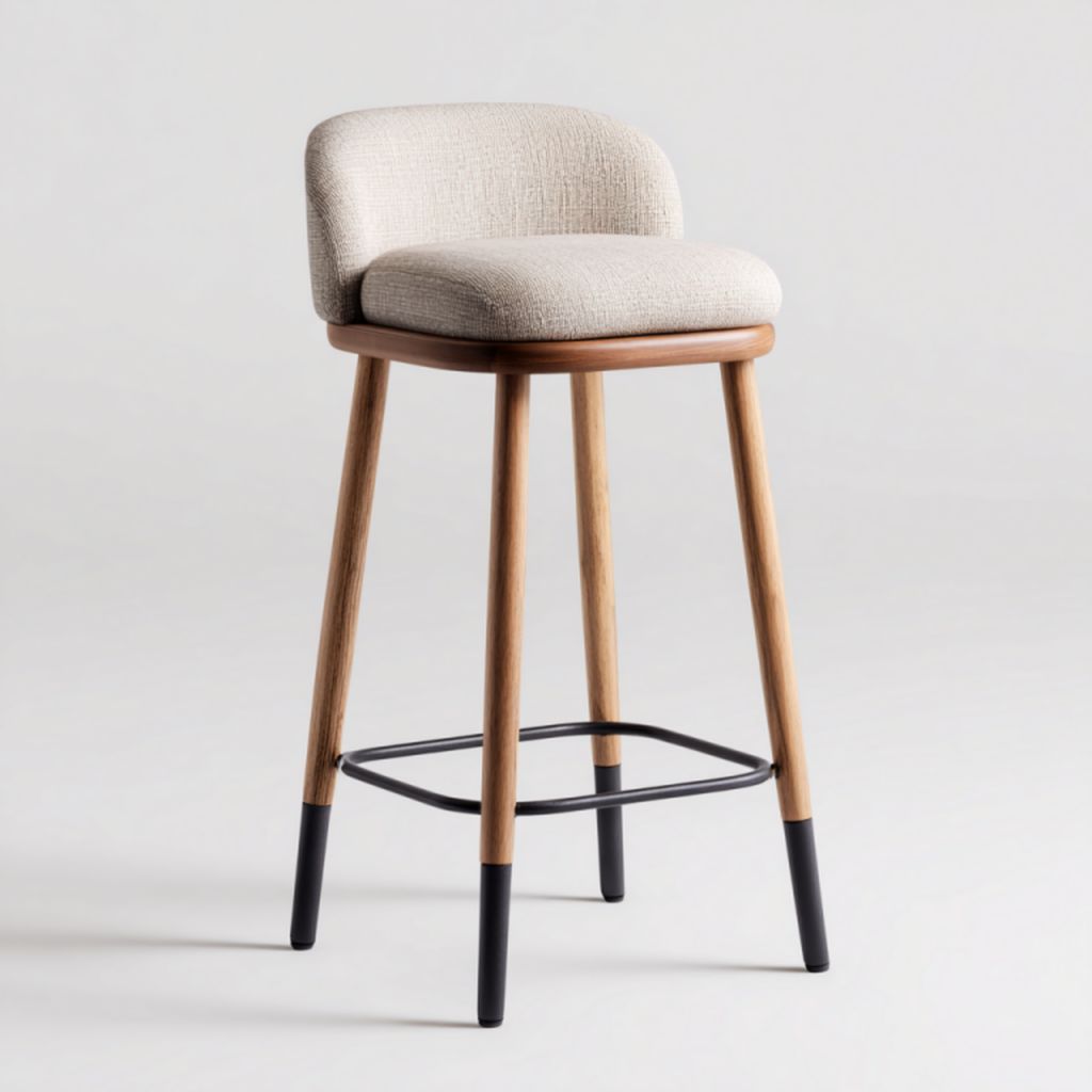 Taburete nórdico alto en beige claro con asiento acolchado y patas de madera