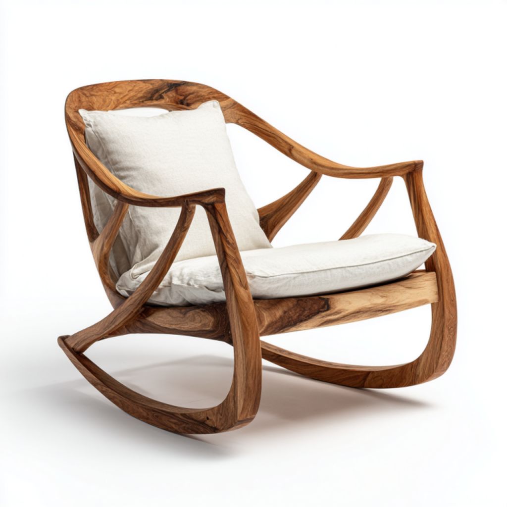 Mecedora de madera maciza con cojines beige