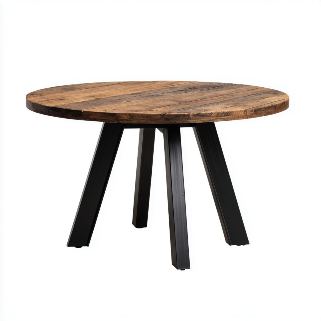 Mesa redonda de madera con patas metálicas negras