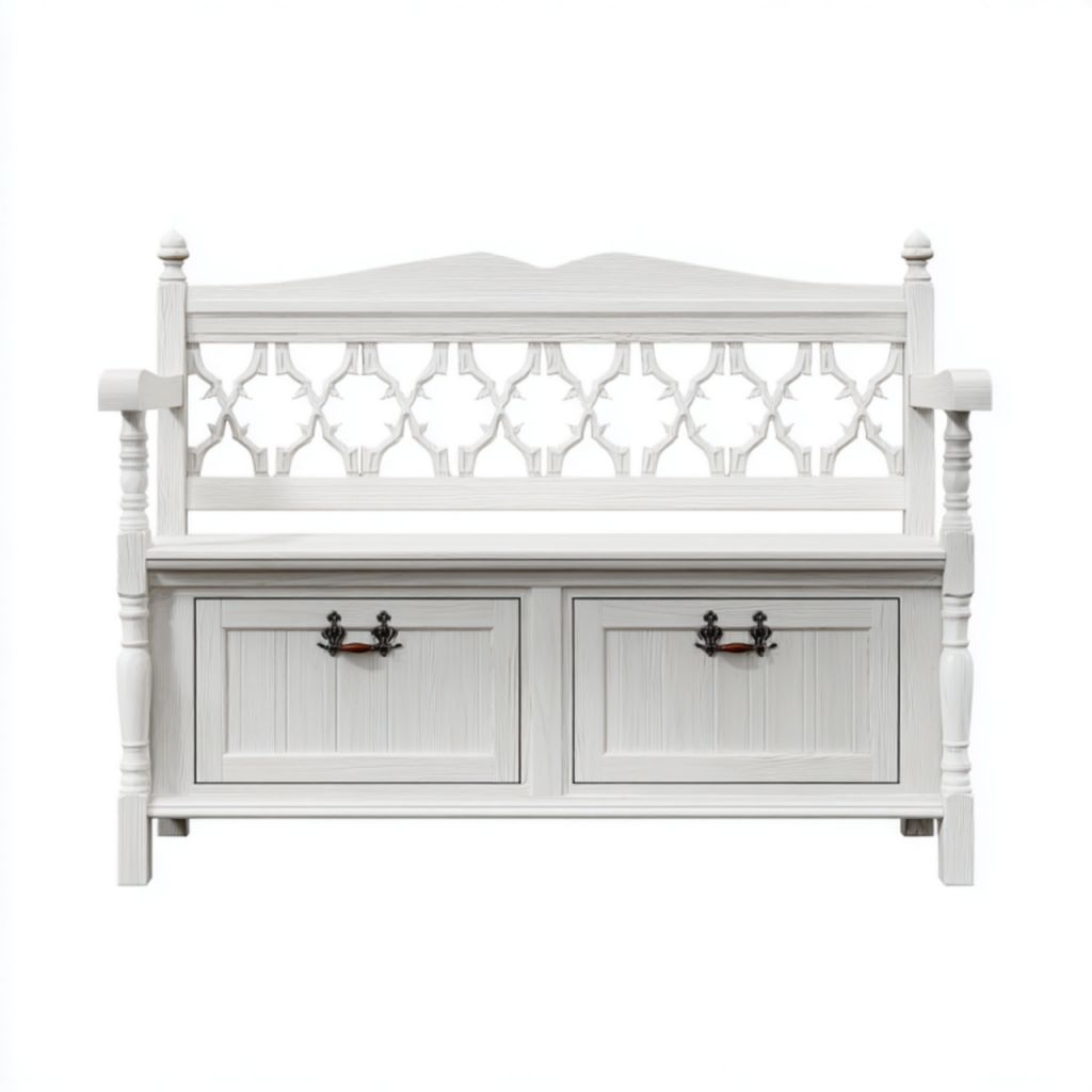 Banco de madera blanco con respaldo calado y dos cajones de almacenamiento