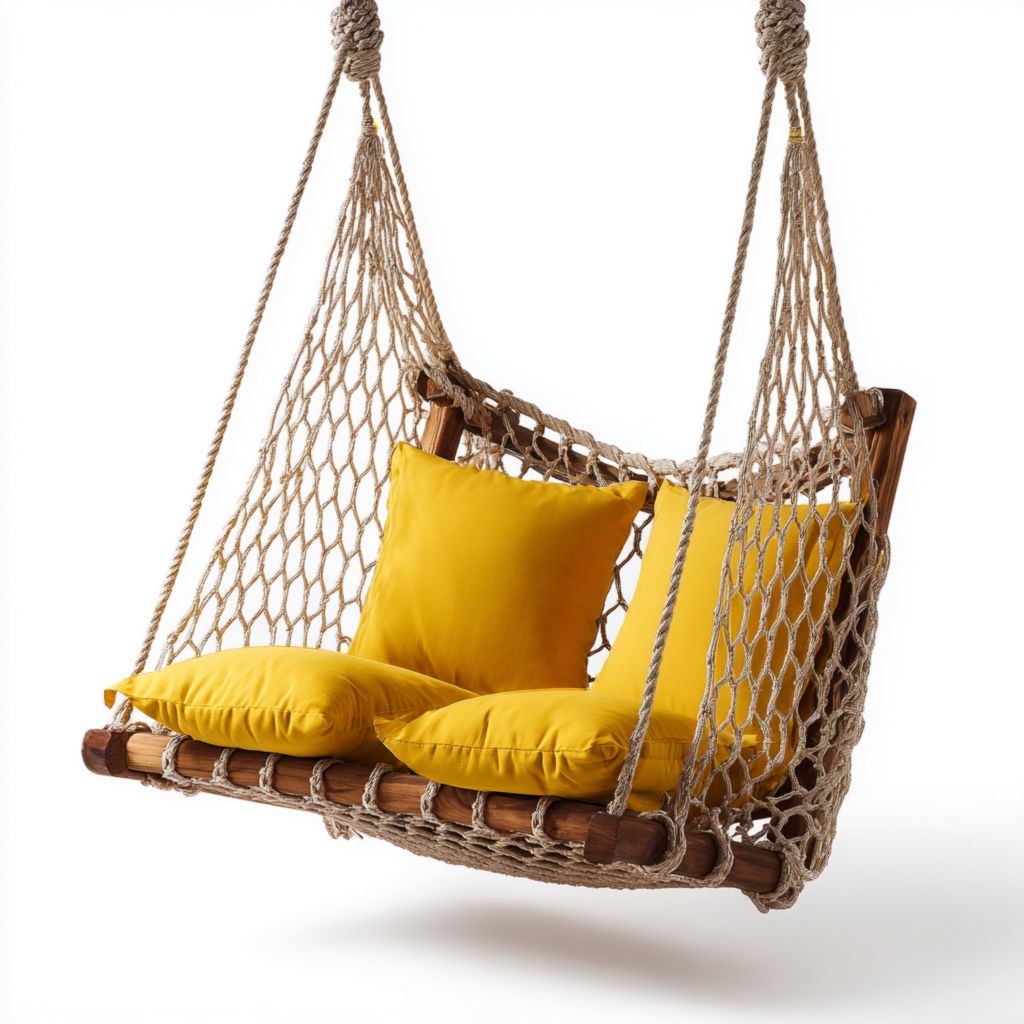 Silla Colgante de Estilo Minimalista, Marco de Madera, Cojines Amarillos, Ideal para Uso Exterior