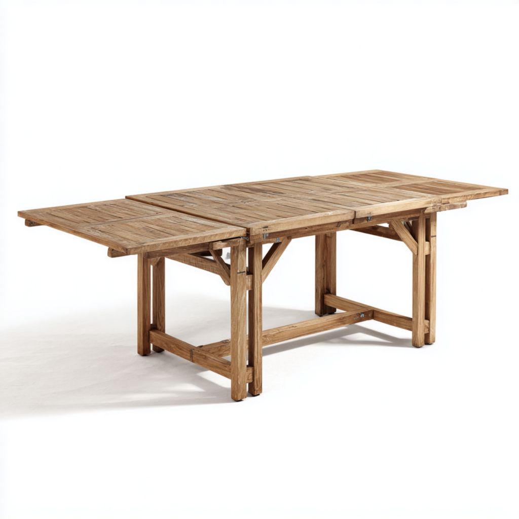 Mesa de comedor de exterior extensible de madera natural, ideal para reuniones y cenas al aire libre