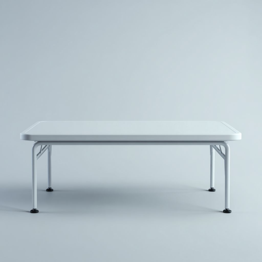 Mesa exterior moderna de metal blanco, diseño sencillo y funcional