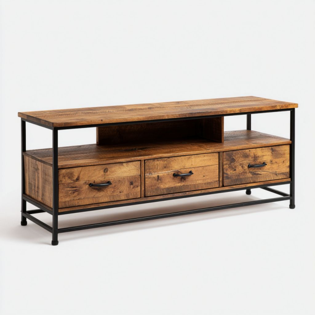 Mueble de TV estilo industrial, 3 cajones + estante abierto, madera natural y estructura metálica negra