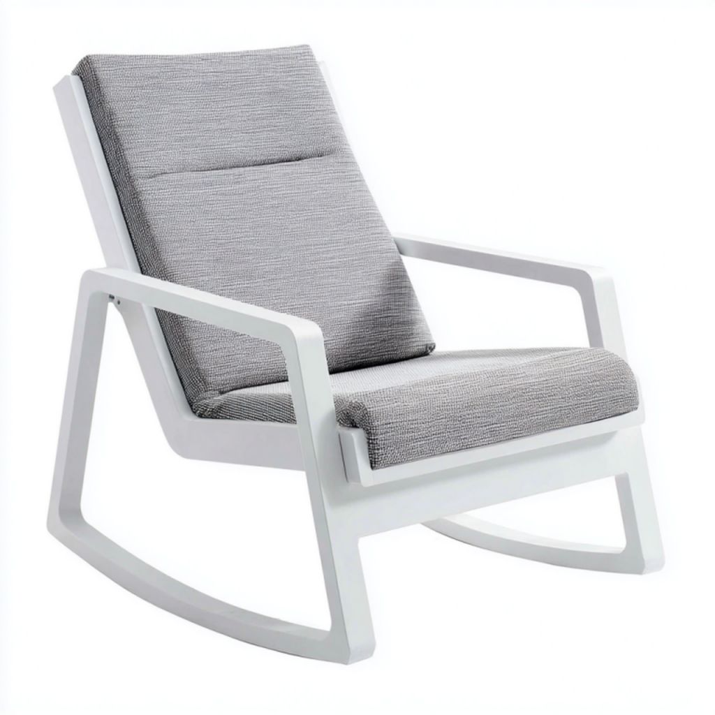 Sillón mecedora con cojines grises y estructura blanca