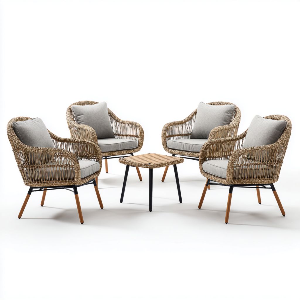 Conjunto de 4 piezas de sillas y mesa de exterior, con cojines, estructura de ratán y madera, diseño moderno
