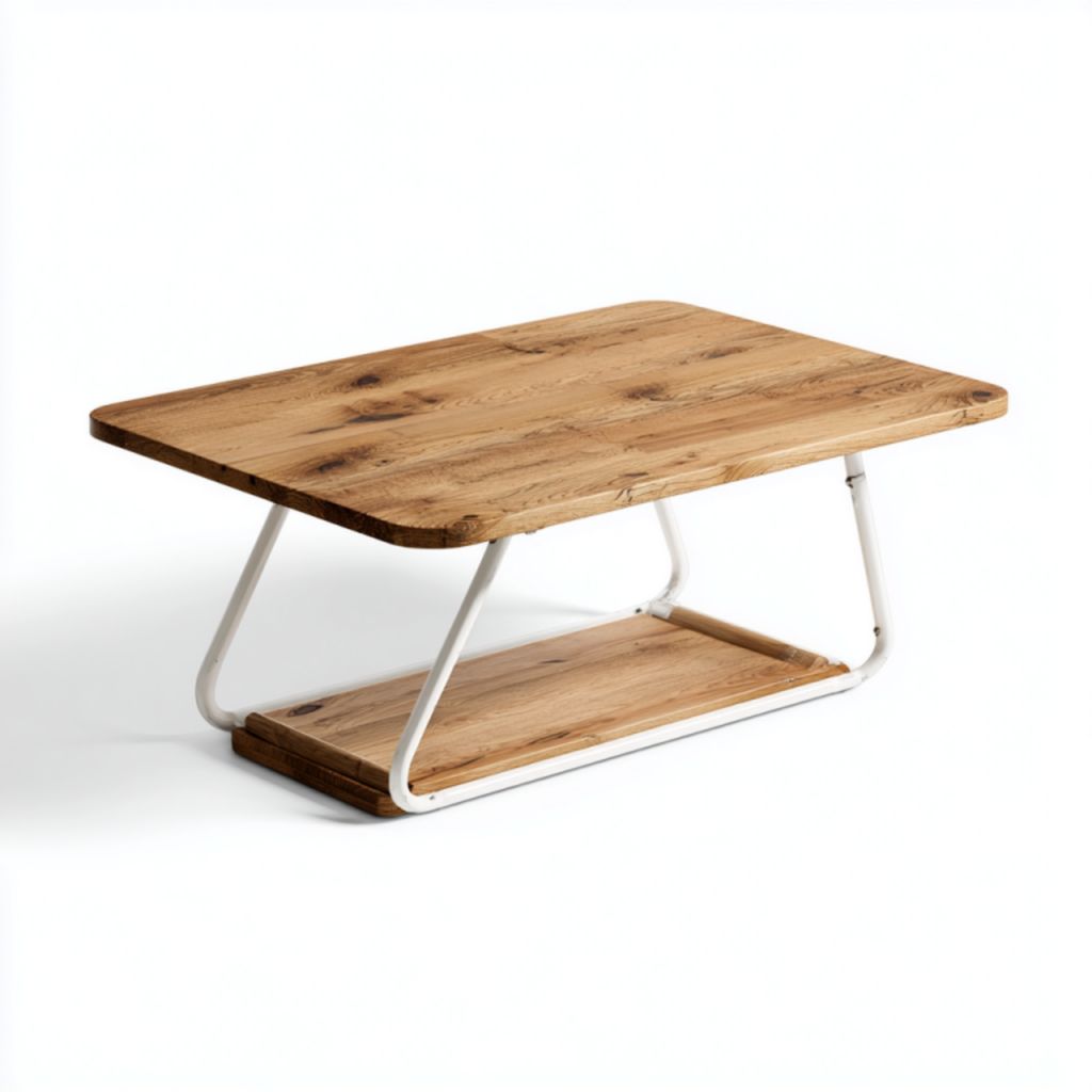 Mesa de centro rectangular con doble tablero de madera color natural y estructura metálica blanca