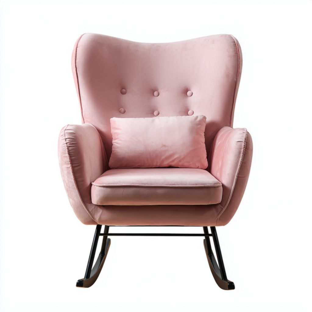Sillón mecedora de terciopelo rosa con cojín