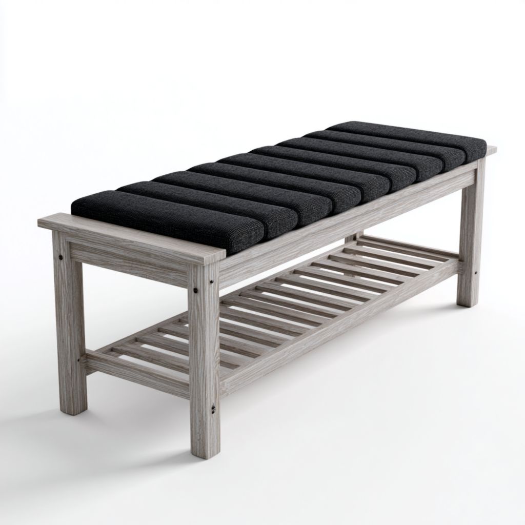 Banco de madera de estilo moderno con cojín negro y espacio de almacenamiento