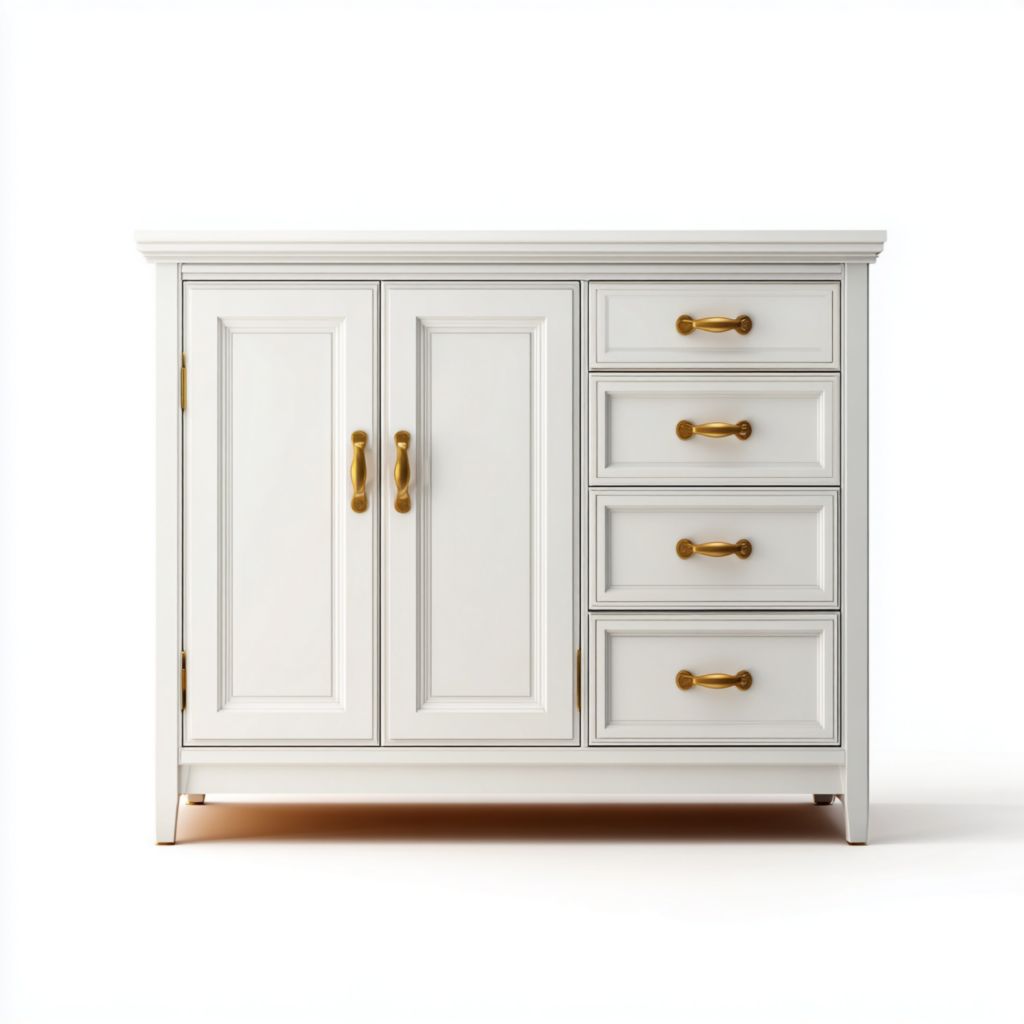 Aparador blanco con 2 puertas y 4 cajones, tiradores dorados