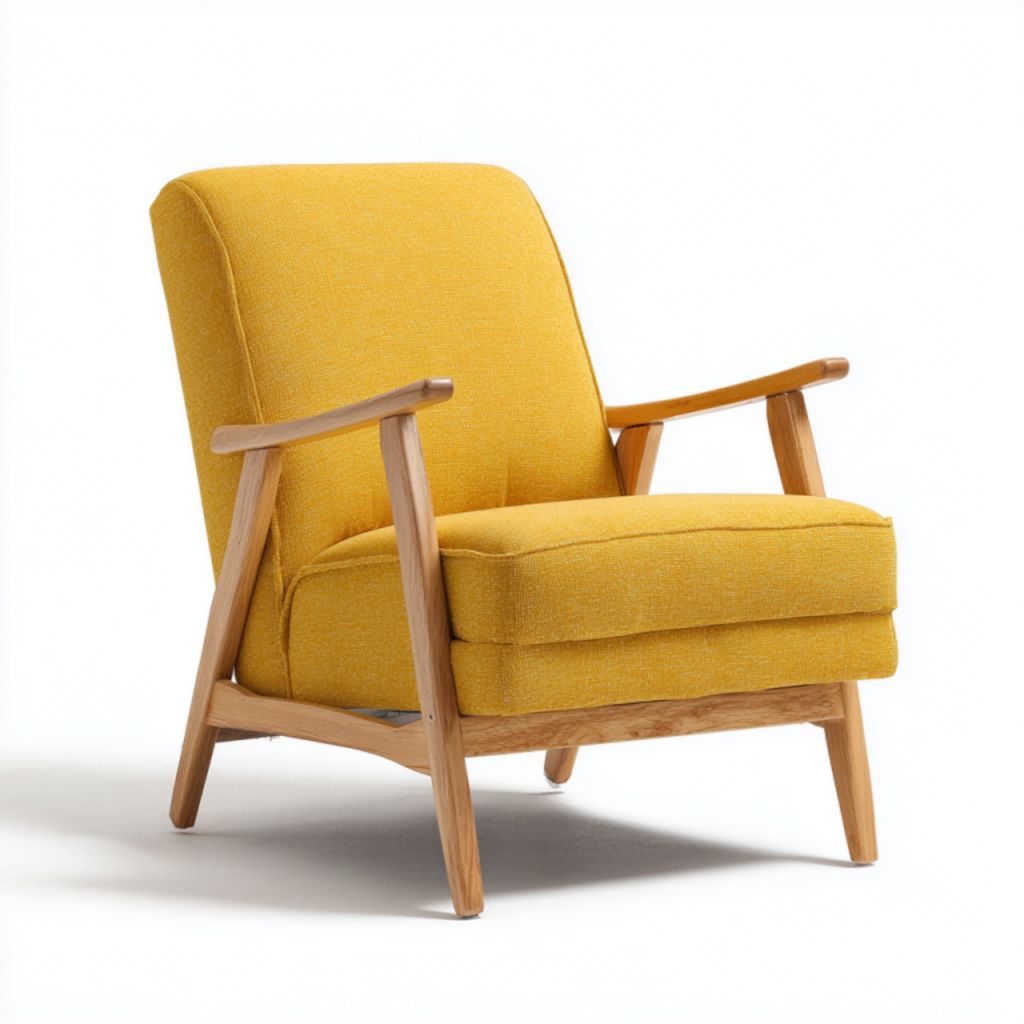 Sillón tapizado en tela amarilla con estructura de madera maciza