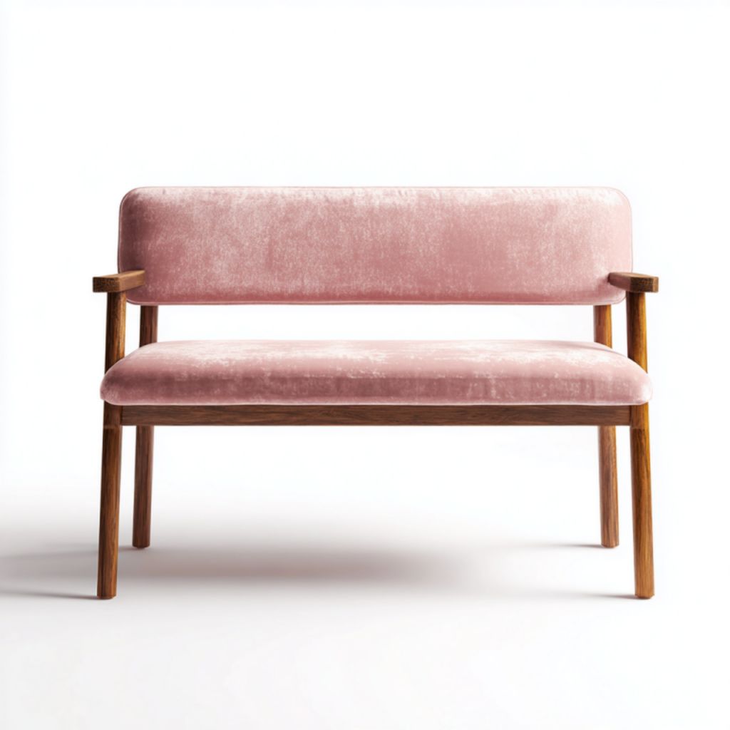 Banco tapizado en terciopelo rosa con respaldo y estructura de madera