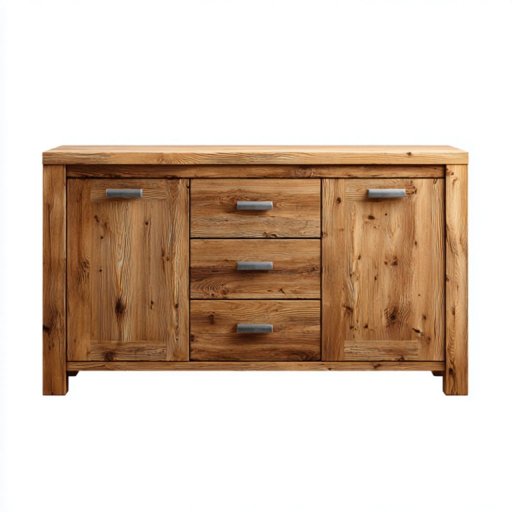 Aparador de madera natural con 2 puertas, 3 cajones y tiradores metálicos