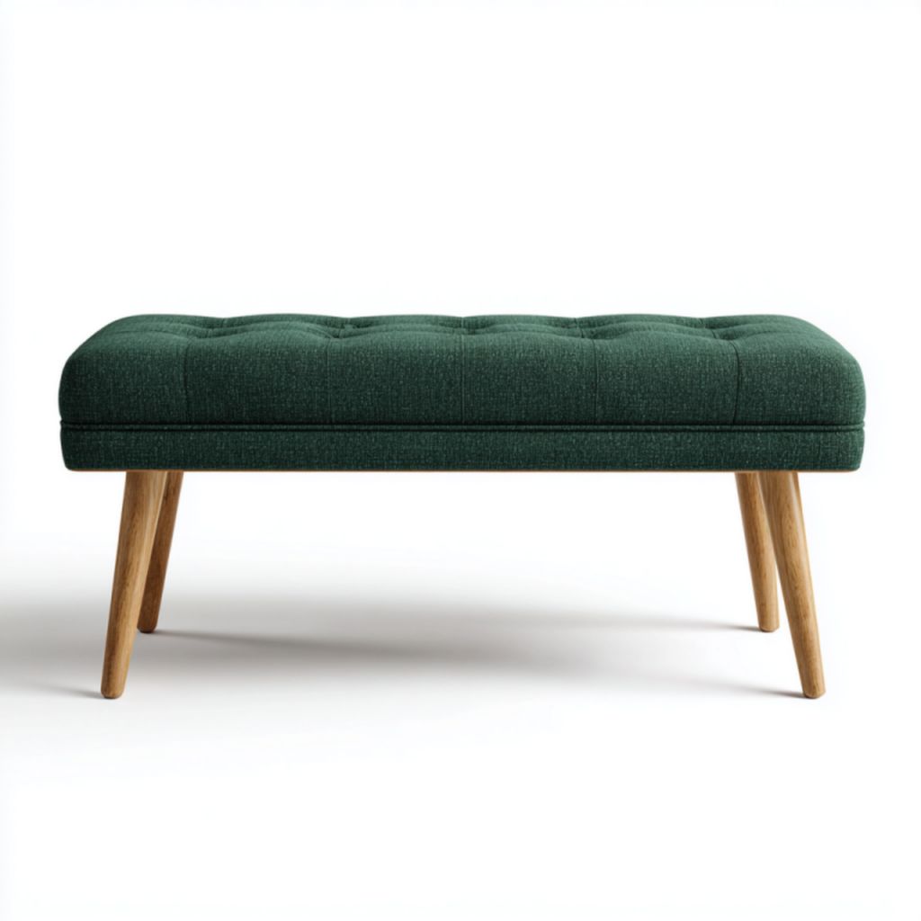 Banco rectangular tapizado en verde oscuro con patas de madera