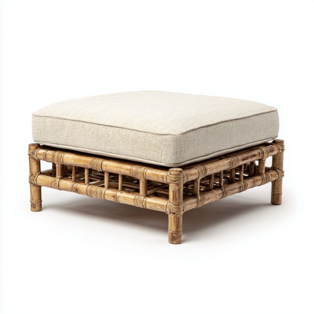 Taburete de exterior con estructura de bambú, cojín beige, diseño moderno y sencillo