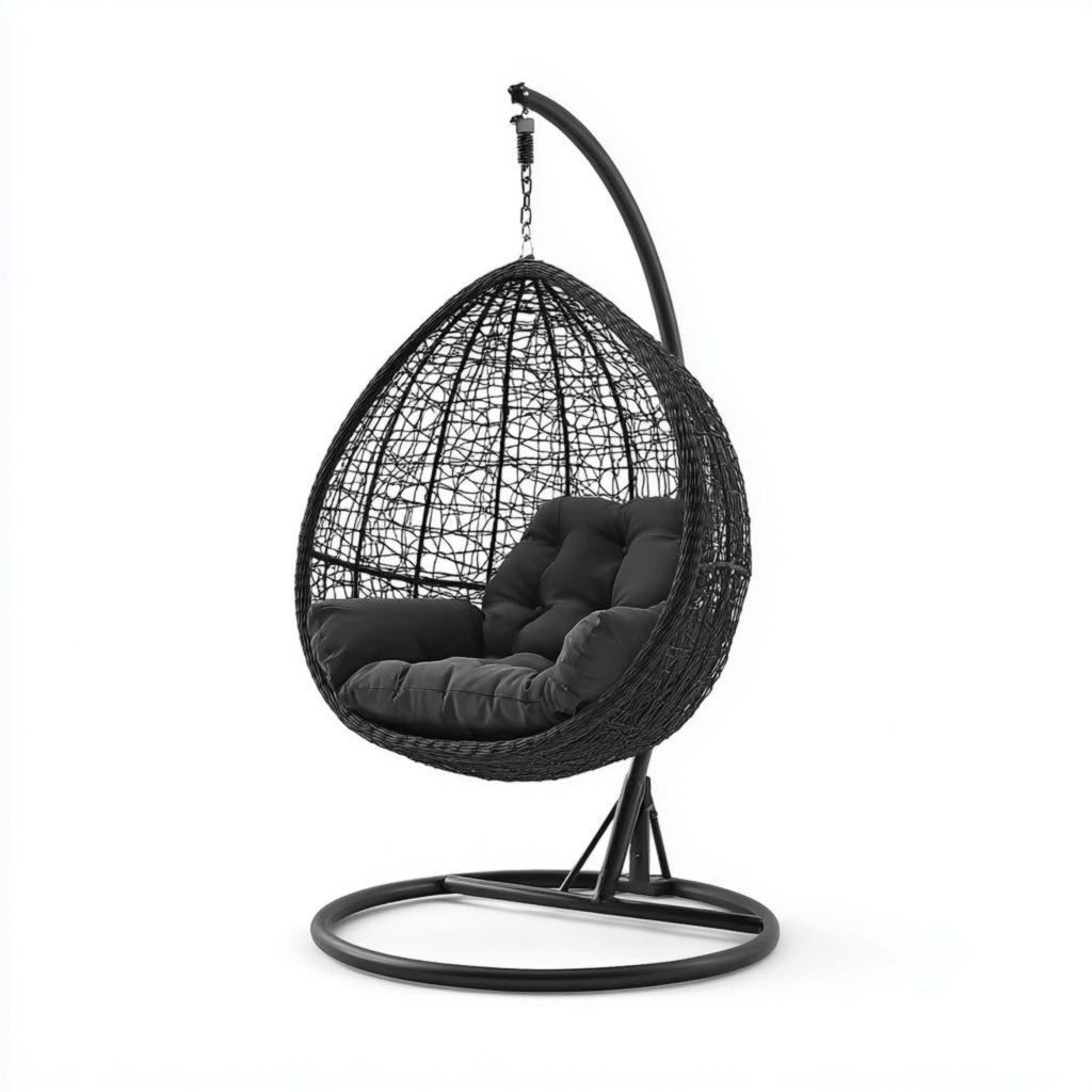 Moderna silla colgante individual de ratán negro con cómodos cojines, adecuada para uso en interiores y exteriores y un diseño de soporte estable.