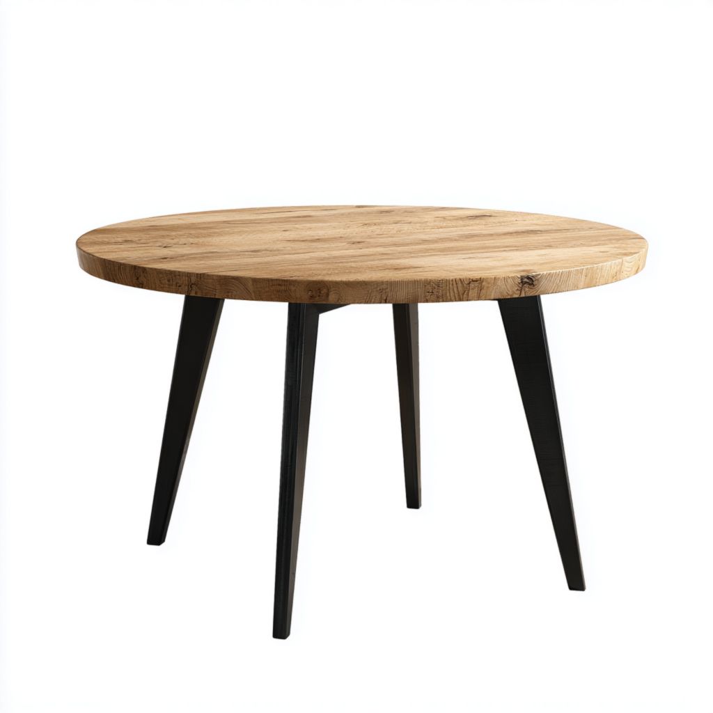 Mesa de comedor redonda con tablero de madera y patas negras