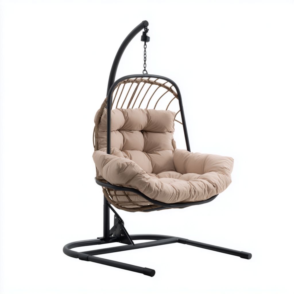 Silla Colgante Estilo Minimalista con Cojines de Algodón, Ideal para Exterior e Interior, Marco de Metal, Color Beige