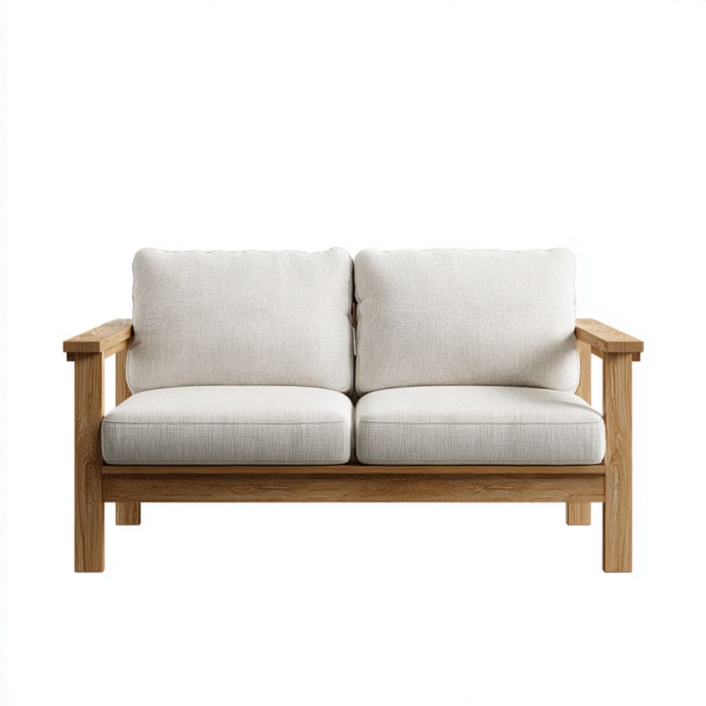 Sofá de 2 plazas color blanco roto con estructura de madera y 4 cojines