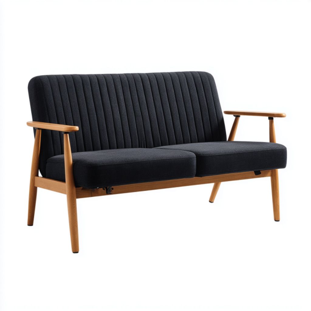 Sofá de 2 plazas negro de tela con estructura y reposabrazos de madera