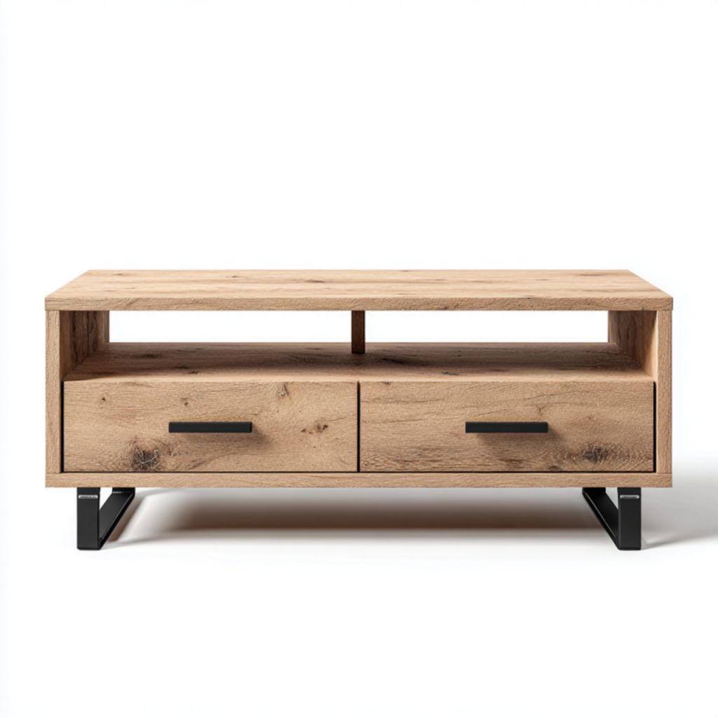 Mueble de TV color roble natural, 2 cajones + estante abierto, base metálica negra