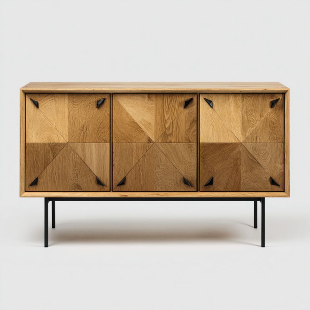 Aparador bajo de roble con puertas geométricas y patas metálicas negras