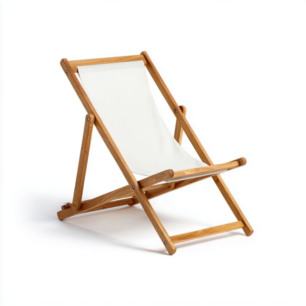 Silla plegable de exterior con estructura de madera y tela blanca, diseño cómodo para jardín y terraza