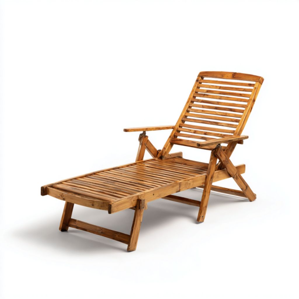 Tumbona de exterior plegable de madera clara con diseño de lamas y reposabrazos