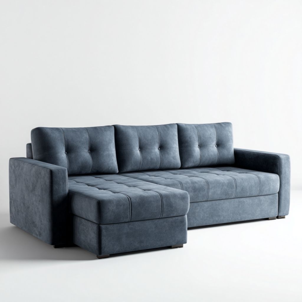 Sofá de esquina en terciopelo azul grisáceo con 3 cojines a juego