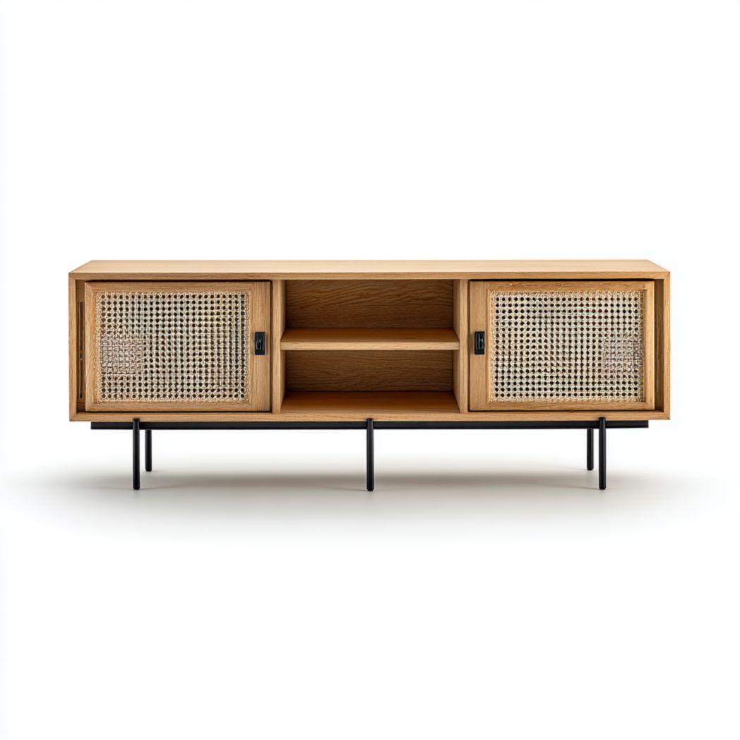 Mueble TV roble con puertas de ratán y patas metálicas negras