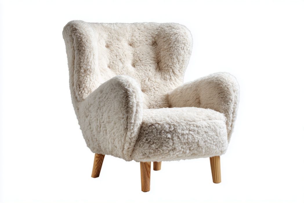 Sillón alto borreguito crema con patas de madera clara