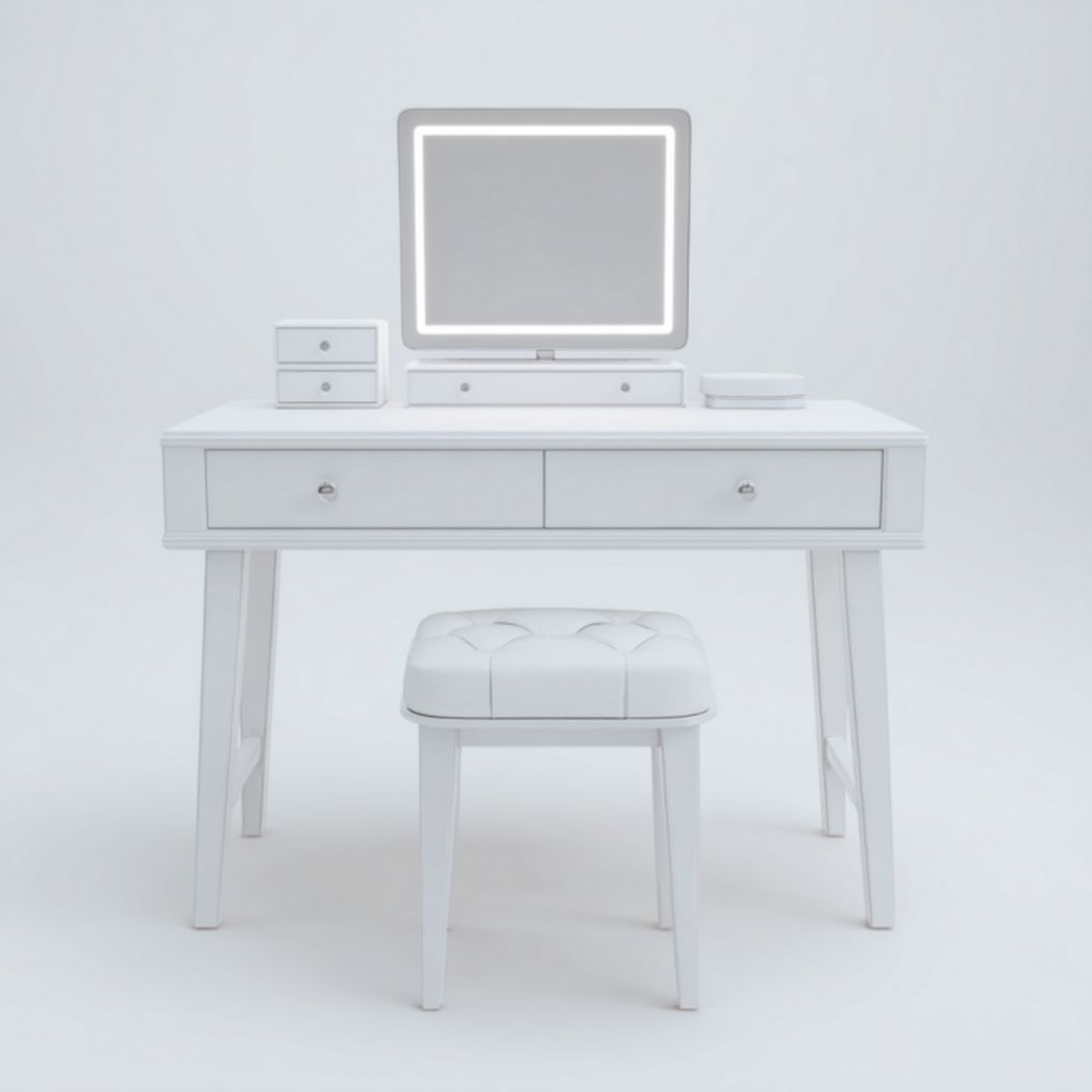 Tocador blanco con espejo LED cuadrado, dos cajones y taburete acolchado